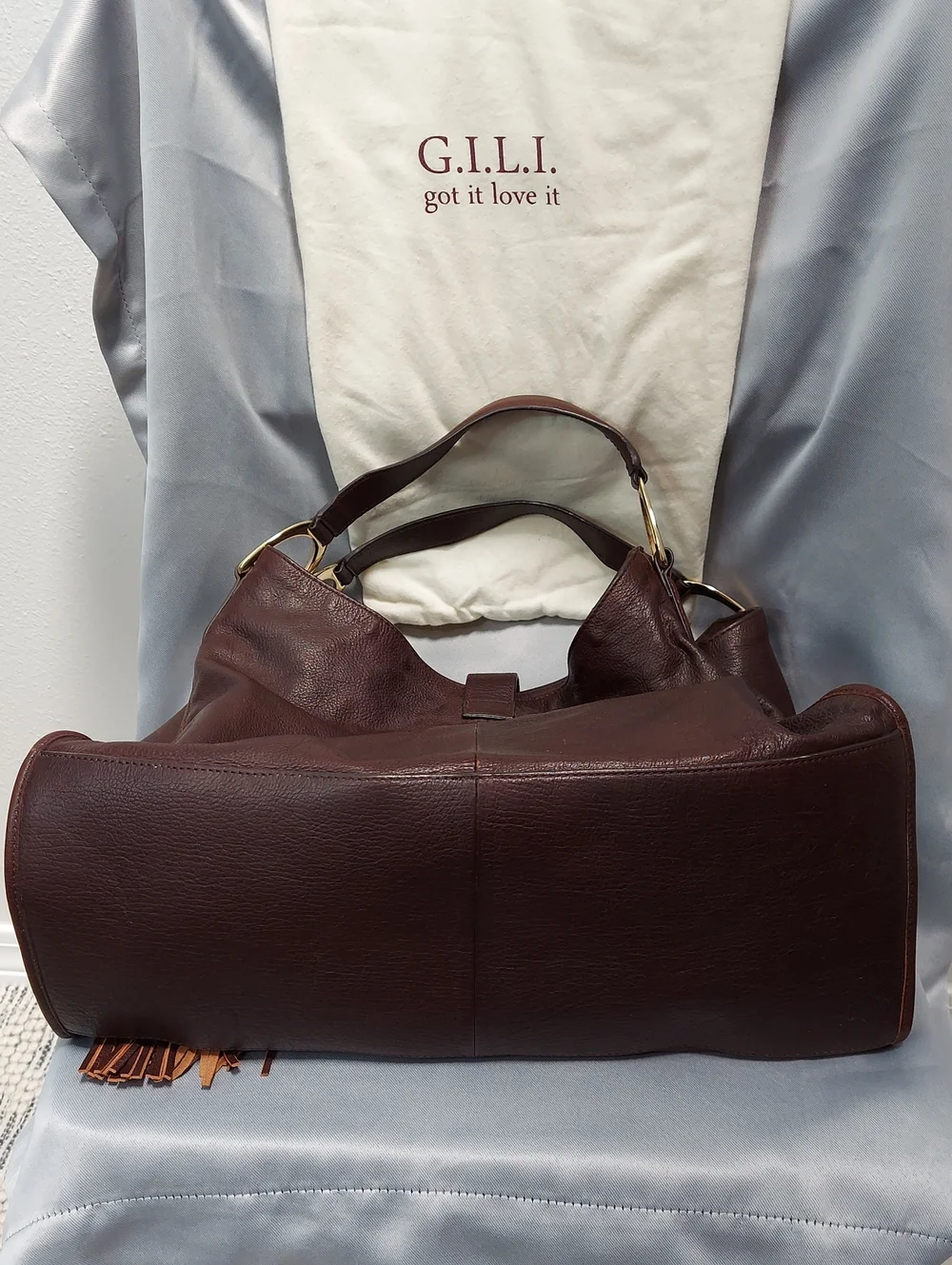 G.I.L.I. Leather Bag, Brown, Gold Stirrup Hardware, Double Handle, Tassel